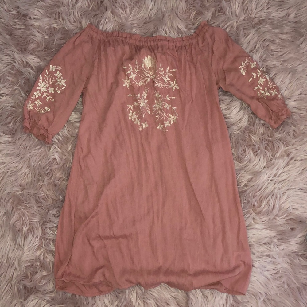 embroidered pink off the shoulder dress